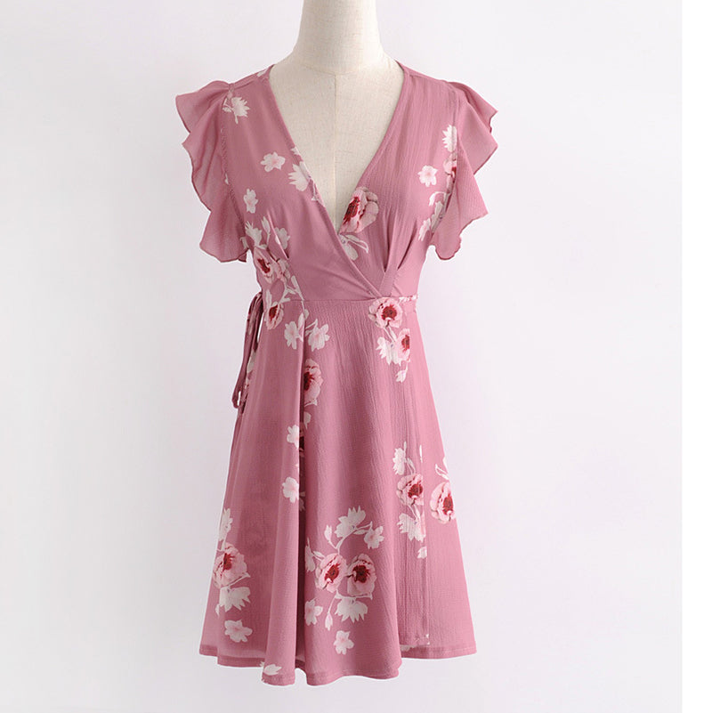 Free Shipping Chic Chiffon V Neck Print Floral Summer Casual Dress Women Outfit 2018 CS180