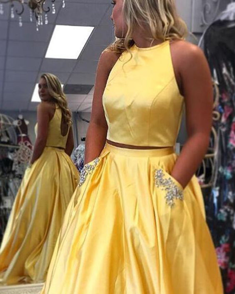 Bright Yellow Two Piece Senior Prom Long Dress for Graduation with Beading Pocket PP854