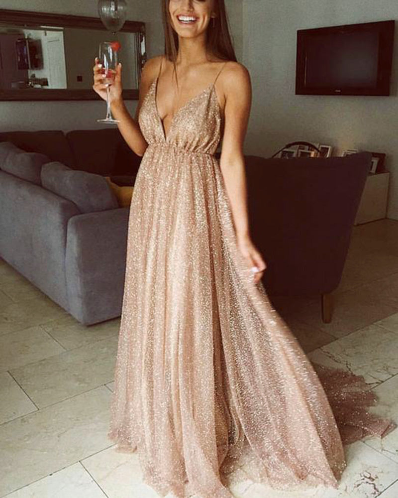 Sexy Spaghetti Straps Gold Sequins Formal Evening Gown Long Wedding Party Dress PL11219