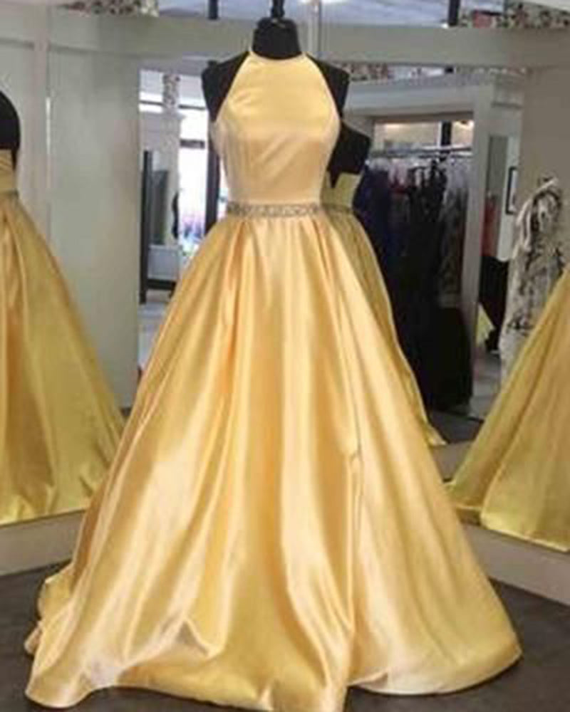 Yellow halter Girls Graduation Long Prom Dresses 2019 PL7415