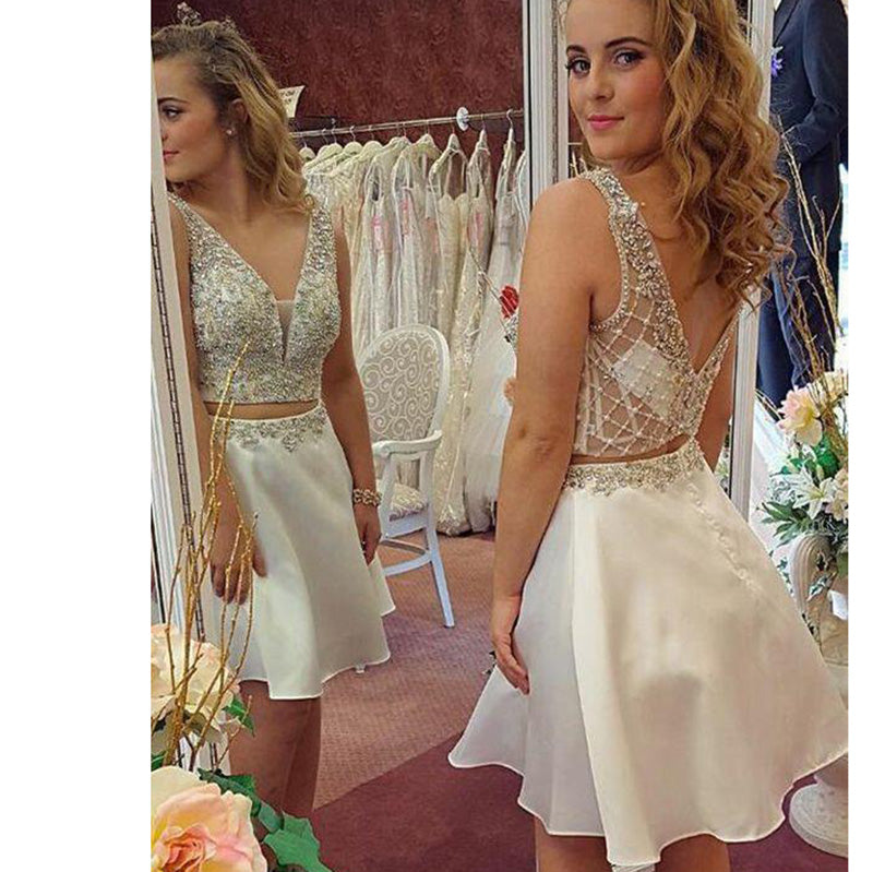 Sexy Beading V Neck Crop Top Two Pieces Short Prom Dress new Homecoming Gown