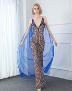 Siaoryne Fabulous Royal Blue Cape Fitted Long Women Evening Gown 2020 with Rhinestone Full Embroidery PL4455