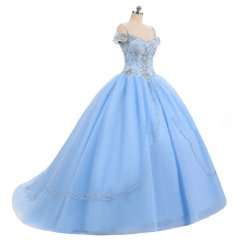 Cold Shoulder Sky Blue Sweet 16 Dresses Girls Quinceanera Gown Ball Gown Prom Dress