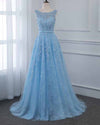 Scoop A Line Light Blue Tulle Lace Long Prom Formal Gown PL6845