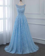 Scoop A Line Light Blue Tulle Lace Long Prom Formal Gown PL6845