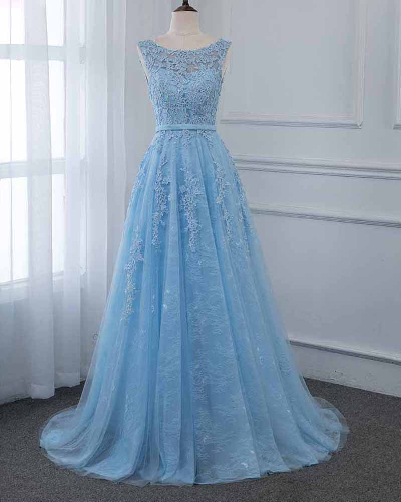 Scoop A Line Light Blue Tulle Lace Long Prom Formal Gown PL6845