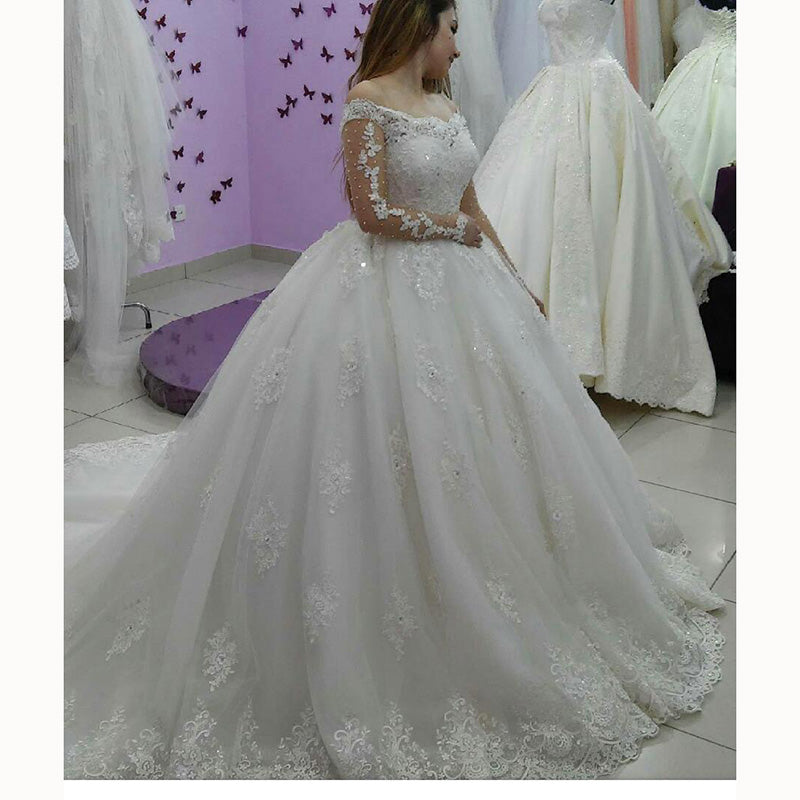 Vestido de novia de encaje con mangas largas y hombros descubiertos, estilo romántico, vestido de boda, vestido de fiesta WD5601