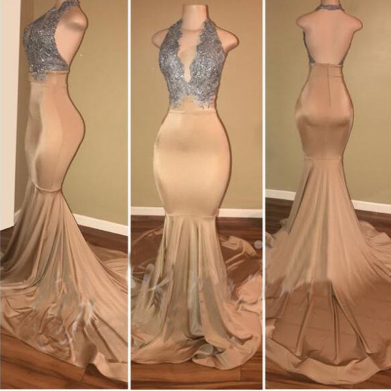 Halter Gold Sequins Long Africa Women Evening Prom Dresses Mermaid Gown LP698