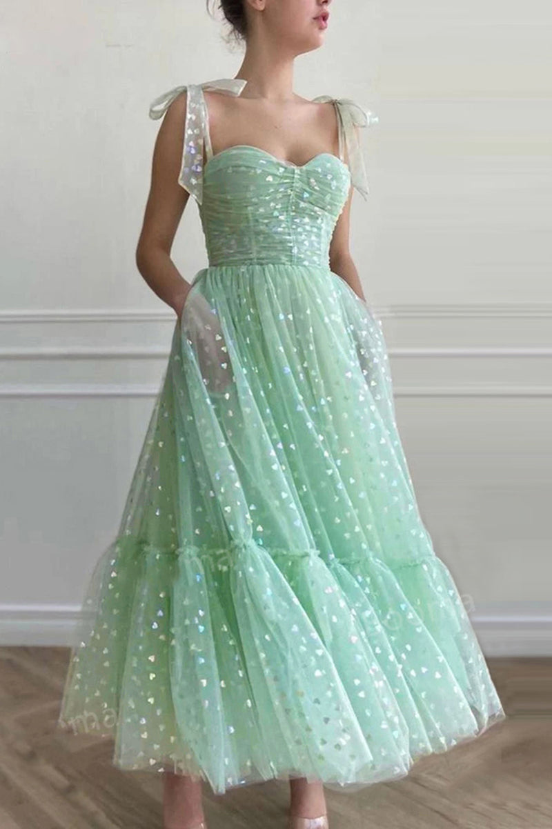Elegant Mint Green Spaghetti Straps Tulle Swing Dress Teal Lenght Cocktail Party Prom Dresses with Peach Hearts