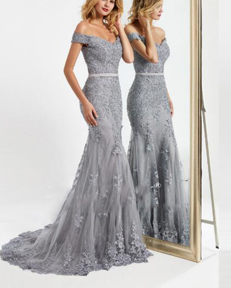 Siaoryne Off Shoulder Gray Mermaid Lace Evening Dress Long Women Prom Gowns PL20143