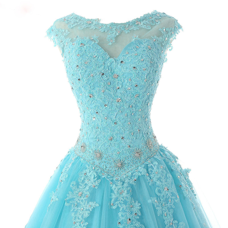 Cap Sleeves Baby Blue Lace Ball Gown Quinceanera Dresses Girls Debutante Prom Gown for Sweet 16