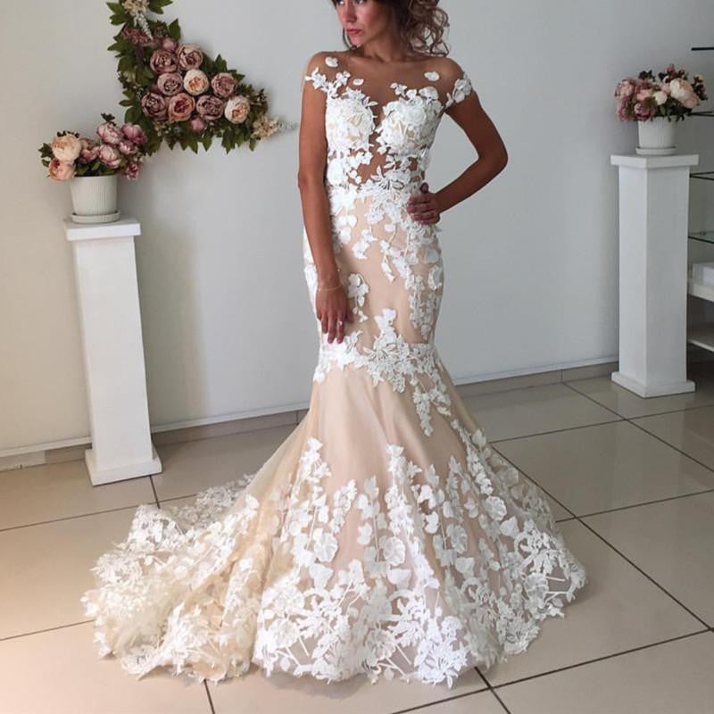 Blush Pink Lace Meramid Sexy Fashionable Wedding Dress