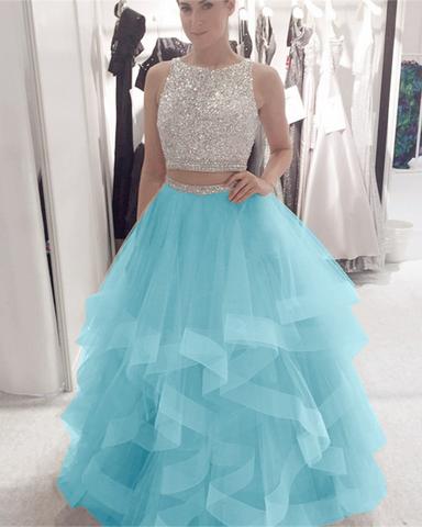 Long Crystal Beaded Two Pieces Prom Dresses Ruffles Ball Gown Skirt 20 Siaoryne Long Crystal Beaded Two Pieces Prom Dresses Ruffles Ball Gown Skirt 20 Siaoryne