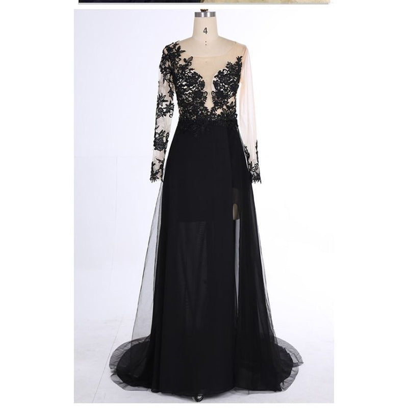 LP3380 Long Sleeves See through Black Lace Evening Dresses 2022 Sexy Slit Formal Prom Gown