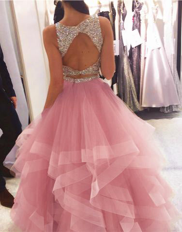 Long Crystal Beaded Two Pieces Prom Dresses Ruffles Ball Gown Skirt 2022