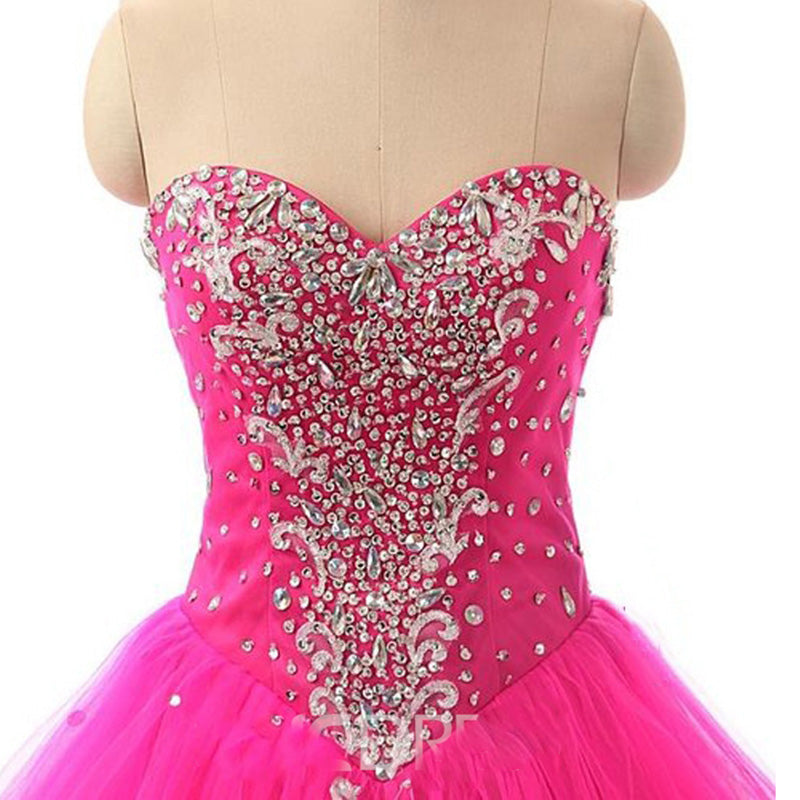 Fuchsia Sweetheart Masquerade Gown Ball Gown Tulle Prom Dresses with Beading Crystal Quinceanera Dress