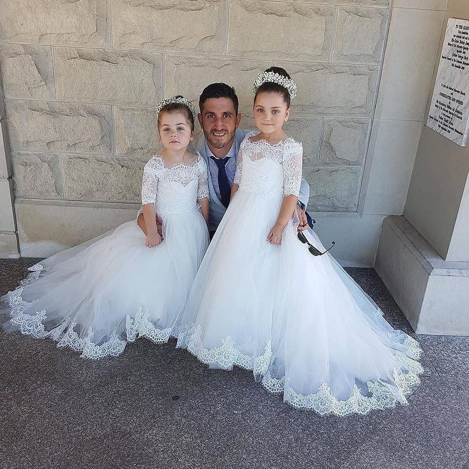 Siaoryne Vestidos de niña de flores de encaje blanco de manga larga para fiesta de bodas para niñas pequeñas