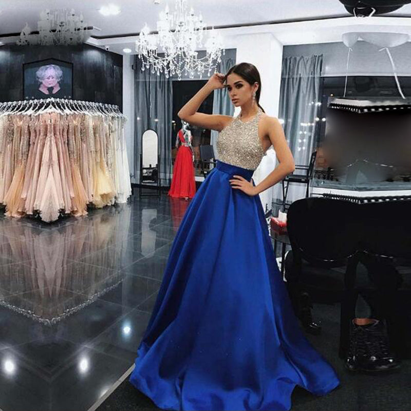 Elegant Royal Blue  Beading Long Evening Dress Girls Senior Graduation Prom Gown 2020