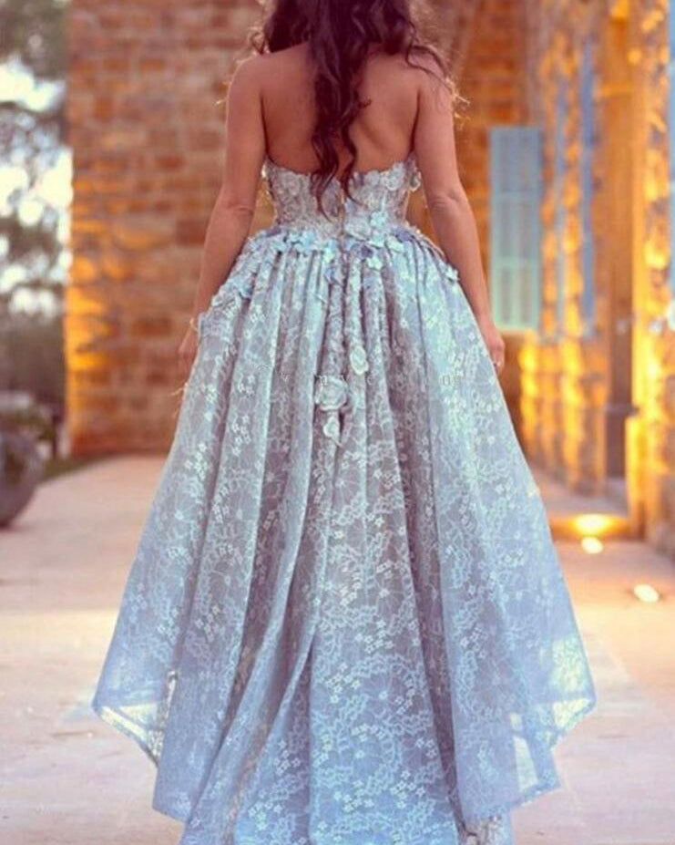 Light Blue high Low lace Prom Dress Girls Graduation Party Gown LP0210