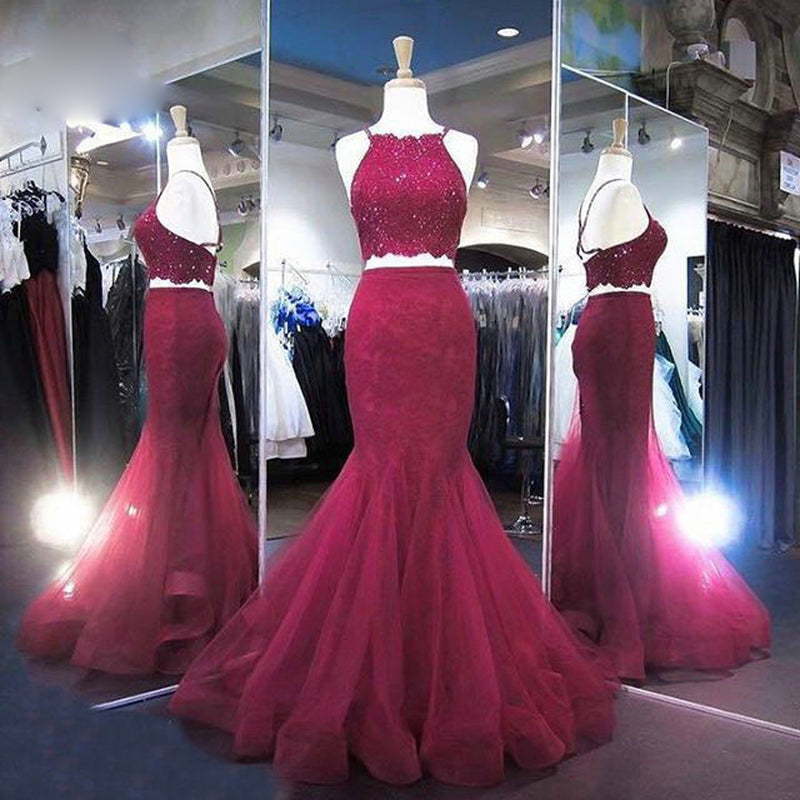 Two Pieces Prom Dress 2018 Burgundy Formal Evening Gown Long with Appliques Beaded Tulle dress for graduation Evening Prom Dress