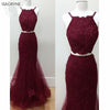 Two Pieces Prom Dress 2018 Burgundy Formal Evening Gown Long with Appliques Beaded Tulle dress for graduation Evening Prom Dress