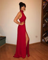 High Neck Red Long Prom Dress Sexy High Split  Women Evening Party Formal dresses PL10730