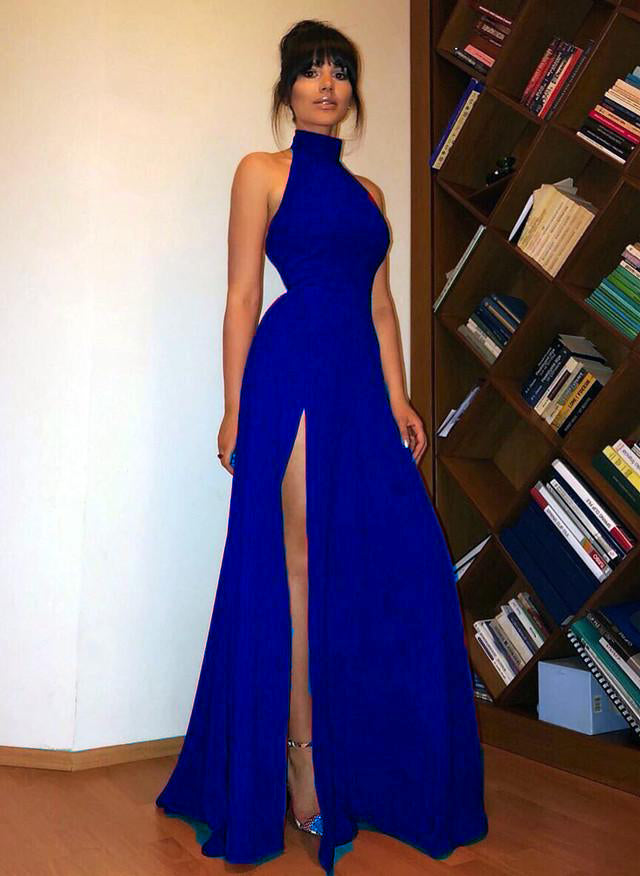 Blue Halter Prom Dress Long A Line Elegant Long Homecoming Dress with Slit