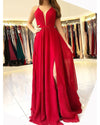 V Neck Burgundy Prom Dress 2019 with Slit with Spaghetti Straps Long Party Gown