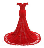Burgundy Lace Prom Dress Mermaid  Off the Shoulder Long Evening Formal Gown LP2301