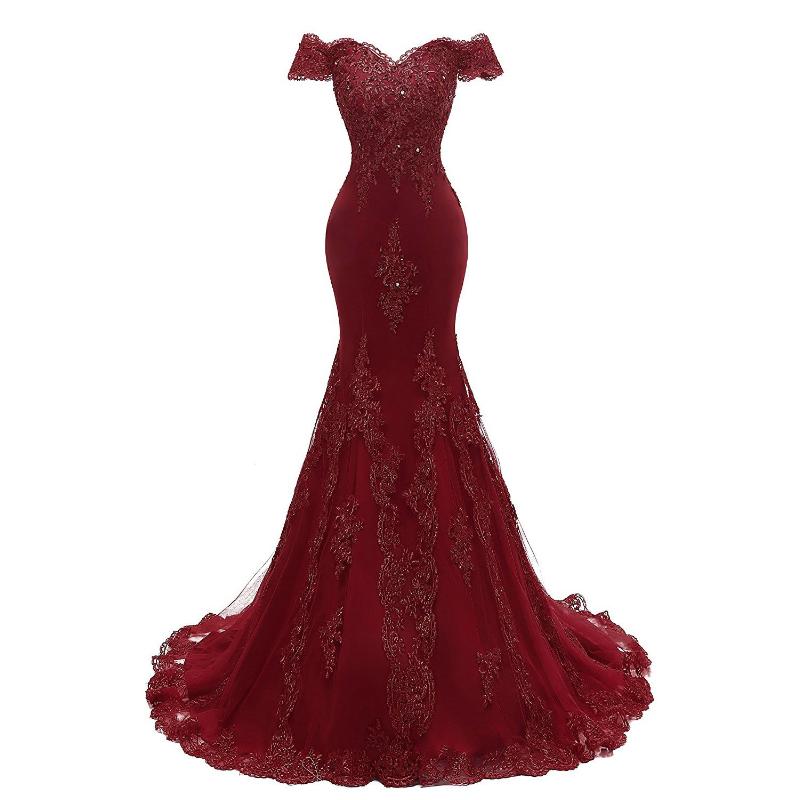 Burgundy Lace Prom Dress Mermaid  Off the Shoulder Long Evening Formal Gown LP2301