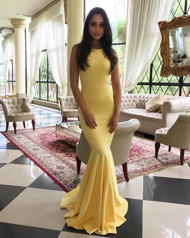 Halter Backless Bright Yellow Evening Dresses Long Fitted Formal Wear LP065