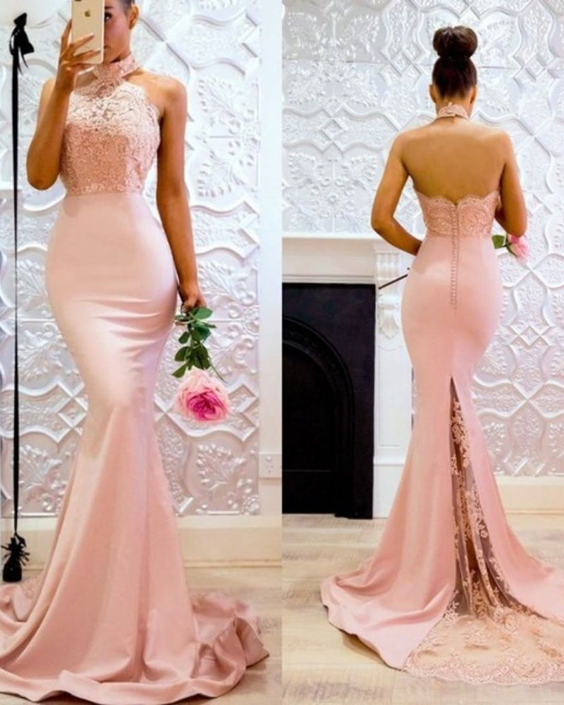 Halter High Neck Pink Bridesmaid dress Long Mermaid Evening Party Gown LP305