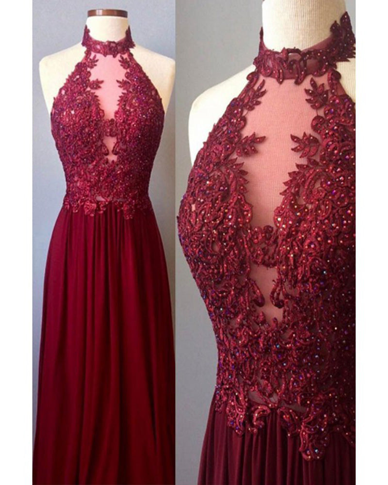 High Neck 2019 Prom Dresses Long Lace Senior Burgundy graduation Long Gown LP690