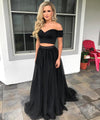 Off the Shoulder Black Crop Top Prom Dresses Two Pieces Girls Senior Graduation Long Dress