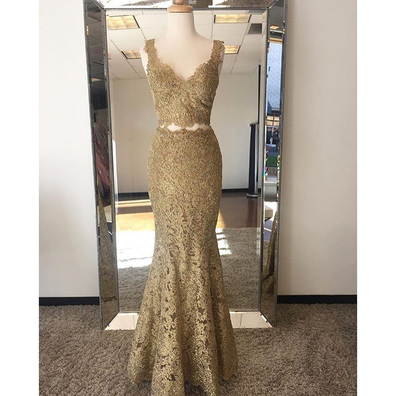 Gold Two/2 Pieces Prom Dress Crop Top Lace Long Prom Dresses Girl Long