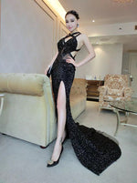 Halter Women Formal evening Dresses Luxury Prom Dress Long Full Sequins Vestido De Festa LP334