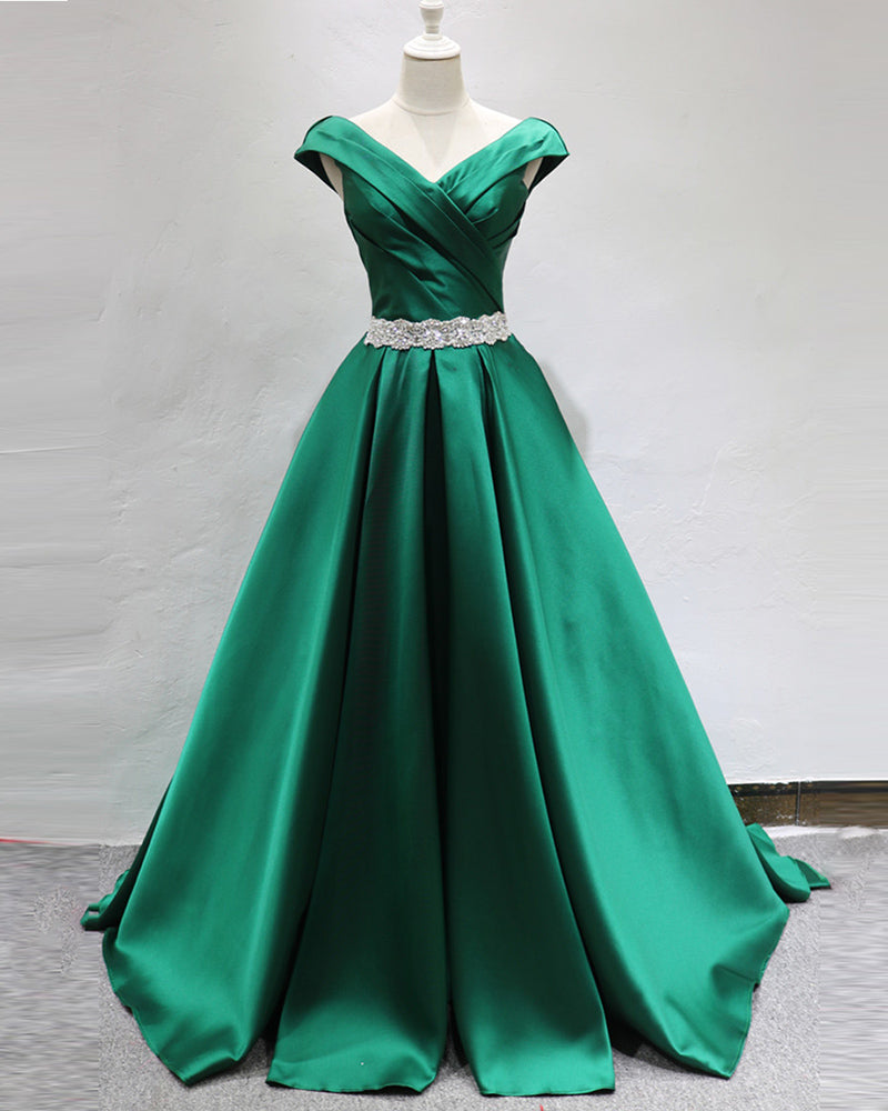 Green A Line Satin Prom Dresses Long Formal Graduation  Gown with Belt LP654