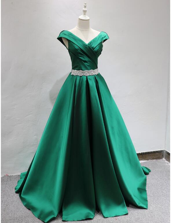 Green A Line Satin Prom Dresses Long Formal Graduation  Gown with Belt LP654