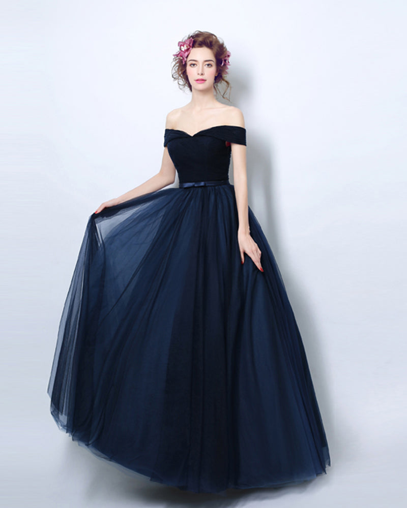 Navy Off the Shoulder Tulle Long Prom Dress Women Evening Party  Gown Long LP554