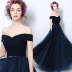 Navy Off the Shoulder Tulle Long Prom Dress Women Evening Party  Gown Long LP554