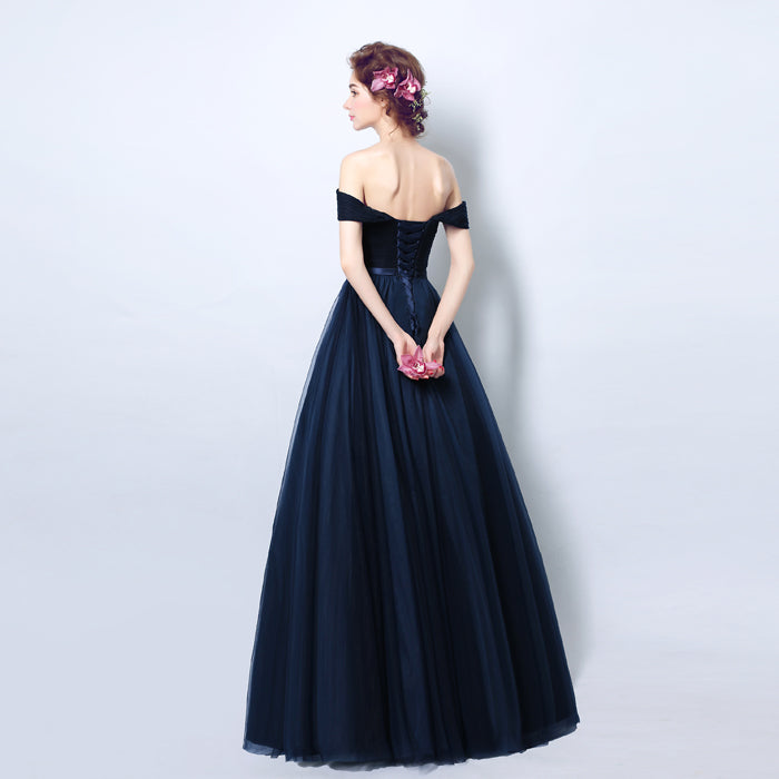 Navy Off the Shoulder Tulle Long Prom Dress Women Evening Party  Gown Long LP554