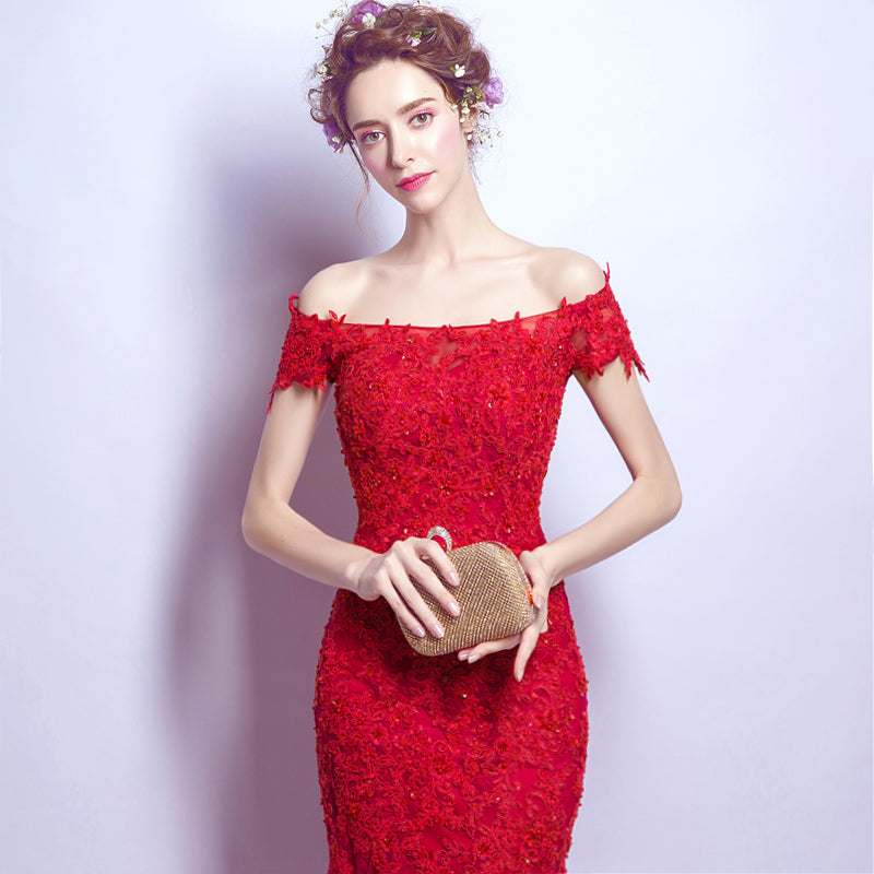 Off the Shoulder Short Sleeve Red Lace Dresses Prom Mermaid Formal Party Dress Long