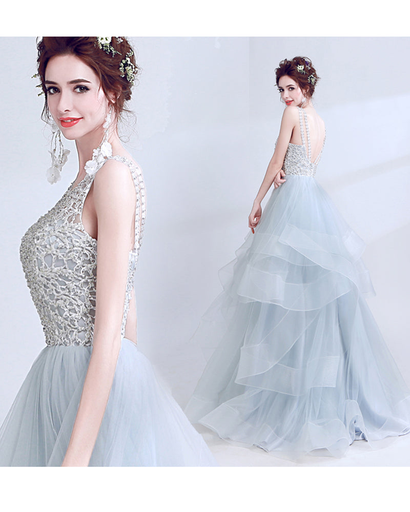 Scoop Neck Formal Gown Lace Beaded Ball Gown  Sky Blue Prom Dresses LP4521