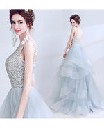 Scoop Neck Formal Gown Lace Beaded Ball Gown  Sky Blue Prom Dresses LP4521