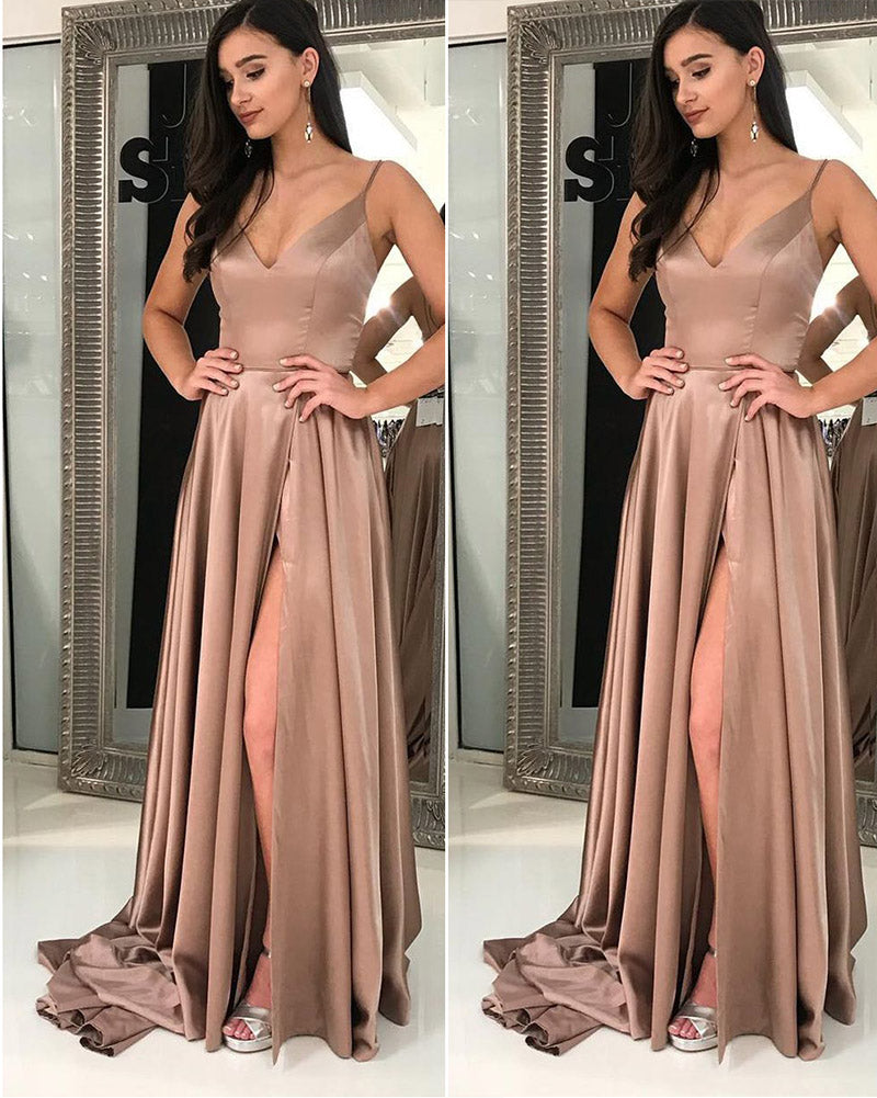Sexy Slit Prom Dresses Long Spaghetti Straps Women Evening Party Dresses LP377