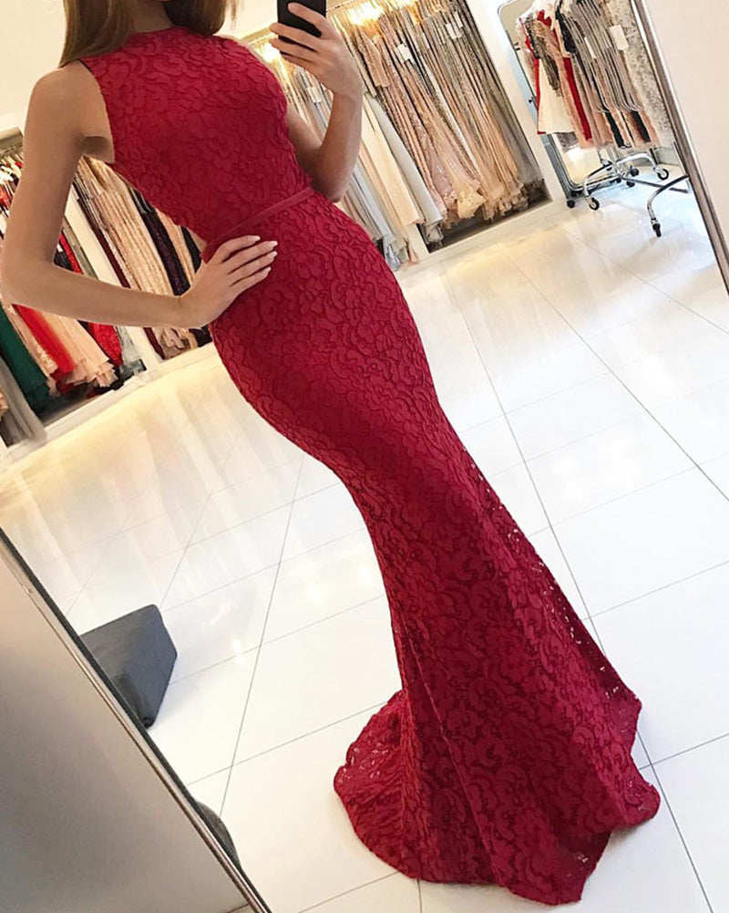 Burgundy Lace  Girls' Prom Dress Long evening Mermaid Gown Vestido De Festa Longo LP561