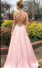 Pink Halter Beading Long A Line Formal Prom Homecoming Dress Girls Evening Party Gown