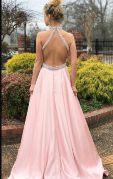 Pink Halter Beading Long A Line Formal Prom Homecoming Dress Girls Evening Party Gown