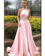 Pink Halter Beading Long A Line Formal Prom Homecoming Dress Girls Evening Party Gown