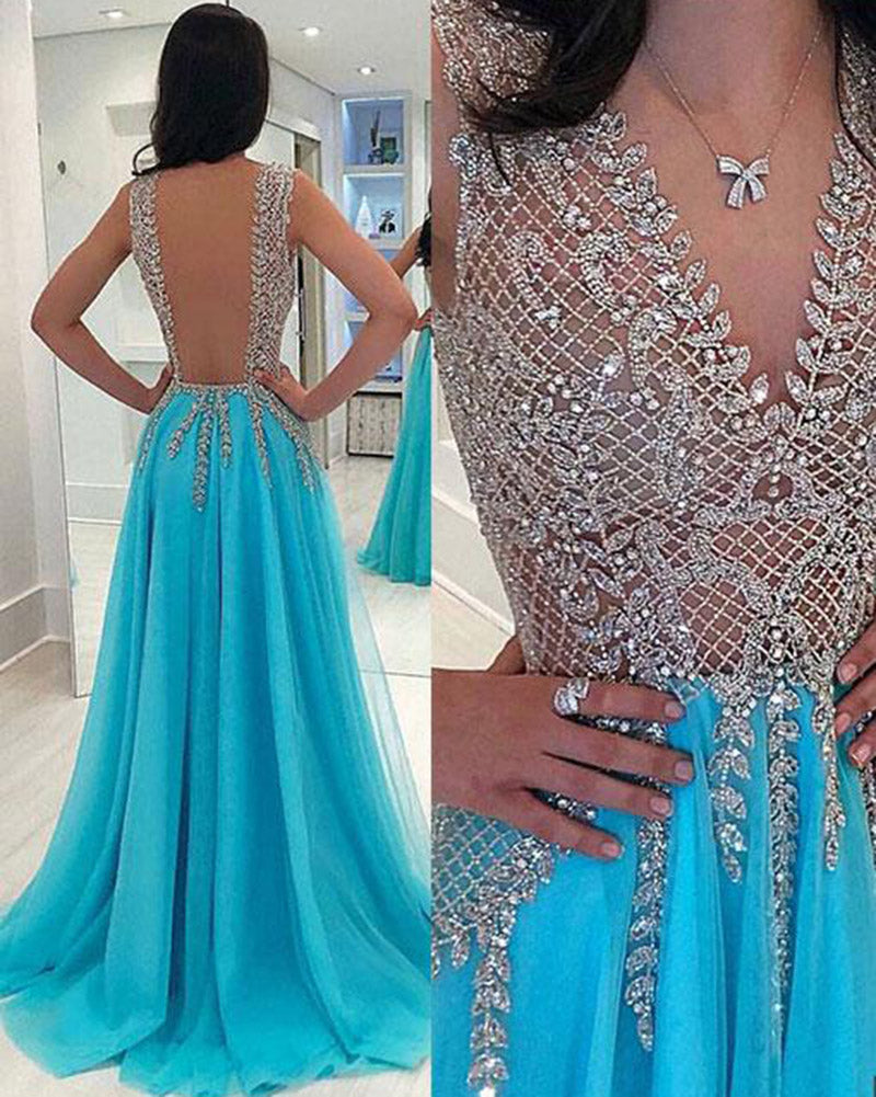 Blue Beading Luxury Prom Dresses Long Formal Gown Evening LP3332